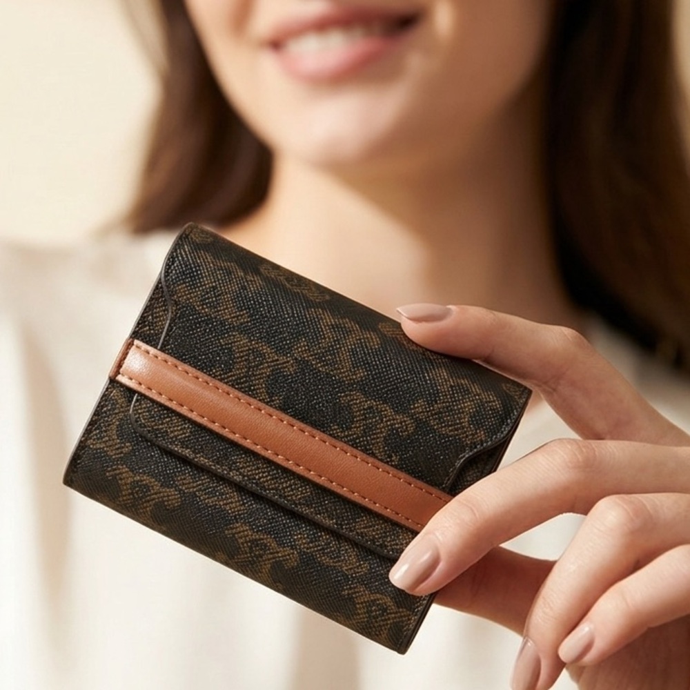 CELINE Style Compact Brown Patterned Card Wallet